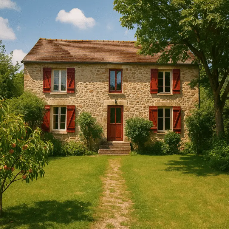 Maison familiale en pierre avec volets rouges à Jossigny, entourée de verdure
