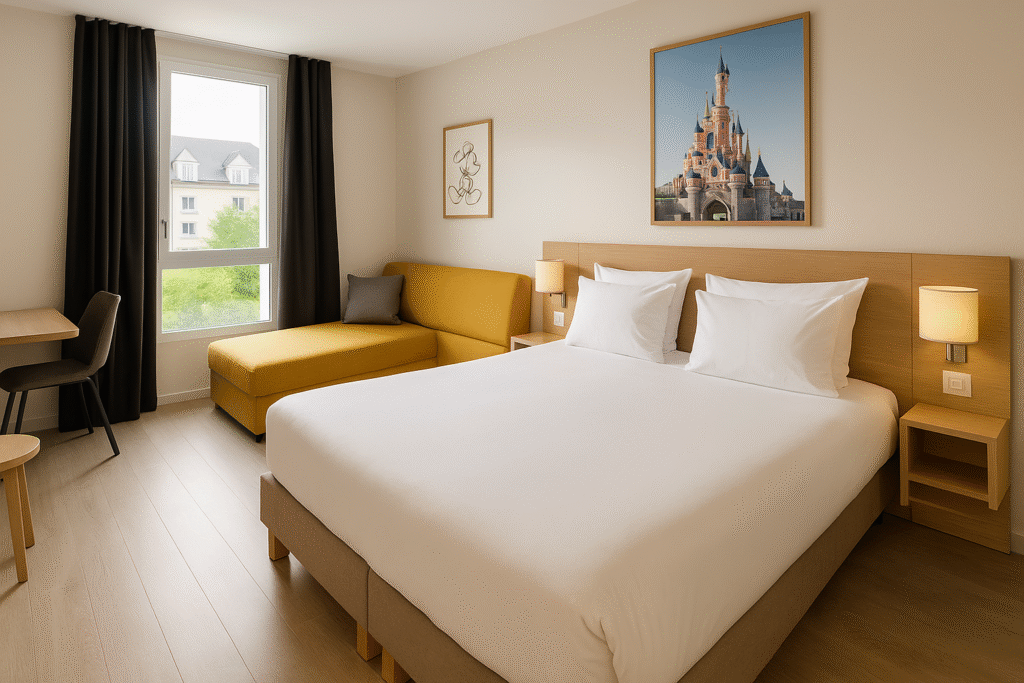 Hôtel moderne proche de Disneyland Paris avec façade contemporaine et accueil chaleureux.