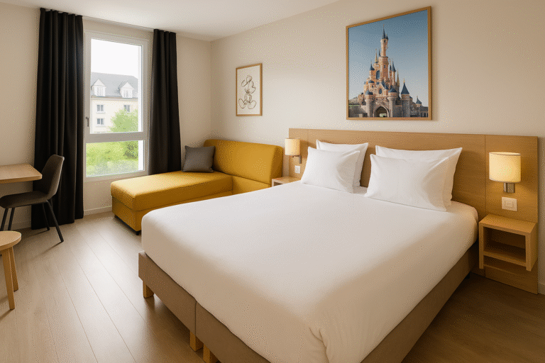 Hôtel moderne proche de Disneyland Paris avec façade contemporaine et accueil chaleureux.