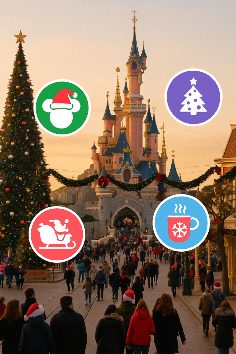 Illustration festive de Disneyland Paris pendant Noël avec château illuminé, sapin géant et icônes des activités hivernales