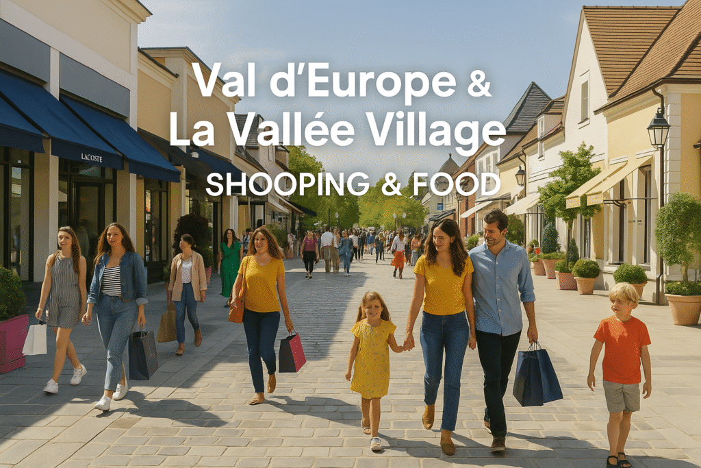 Vue animée du centre commercial Val d’Europe avec familles en promenade, façades modernes et ambiance estivale