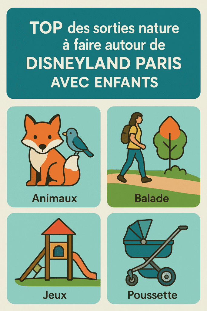4 idées de sorties nature illustrées autour de Disneyland Paris : Parrot World, Villages Nature, ferme pédagogique, forêt