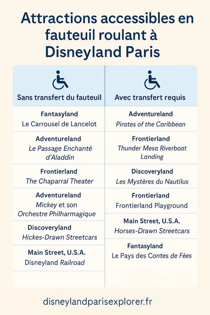 Tableau des principales attractions de Disneyland Paris accessibles en fauteuil roulant, avec ou sans transfert