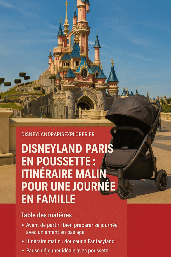 Famille poussant une poussette dans Fantasyland à Disneyland Paris, devant le château