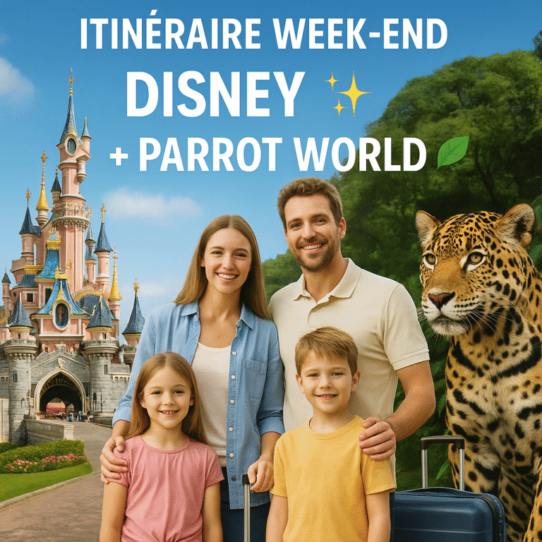 Famille souriante devant Disneyland Paris et un jaguar, illustrant un week-end combiné Disney + Parrot World