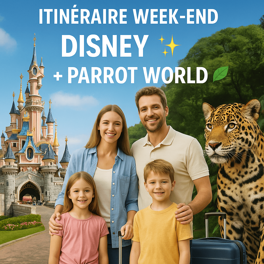 Famille souriante devant Disneyland Paris et un jaguar, illustrant un week-end combiné Disney + Parrot World