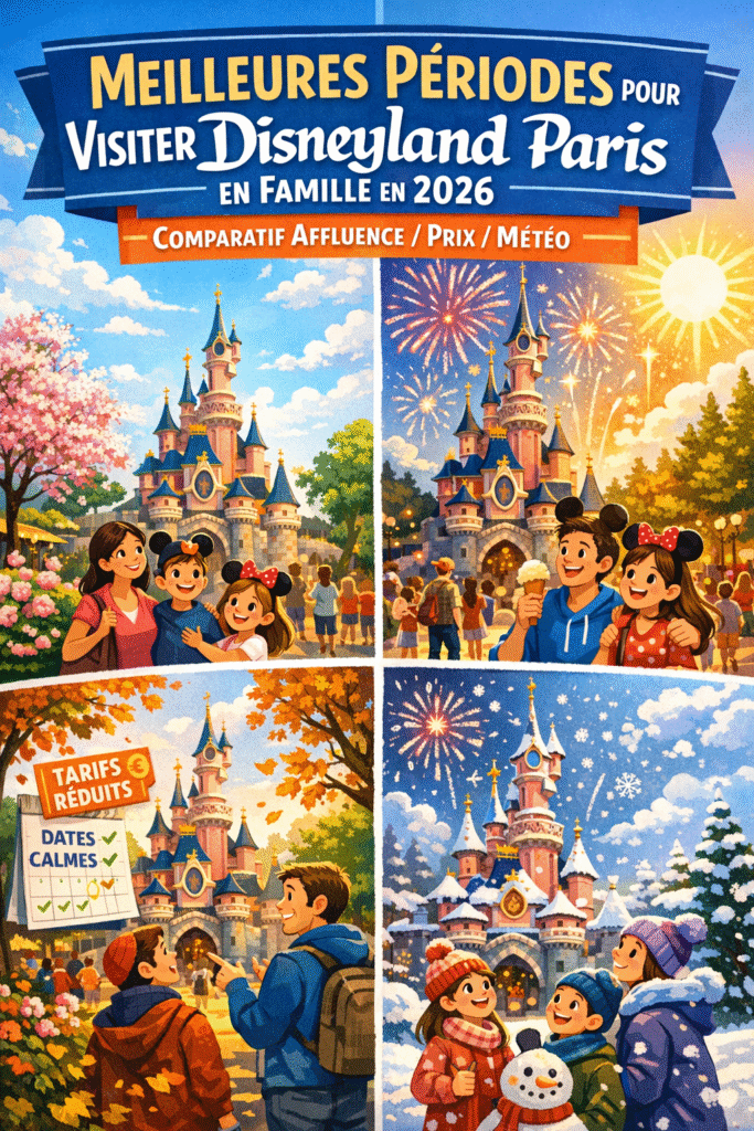 Illustration des meilleures périodes pour visiter Disneyland Paris en famille en 2026 selon l’affluence, les prix et la météo