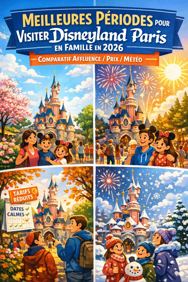 Illustration des meilleures périodes pour visiter Disneyland Paris en famille en 2026 selon l’affluence, les prix et la météo