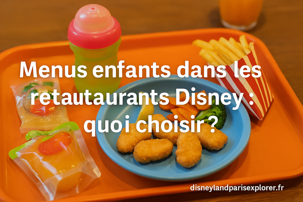 Plateau repas enfant avec nuggets, légumes, frites, compote et boisson, illustrant l’article “Menus enfants dans les restaurants Disney : quoi choisir ?” avec texte en surimpression et filigrane disneylandparisexplorer.fr