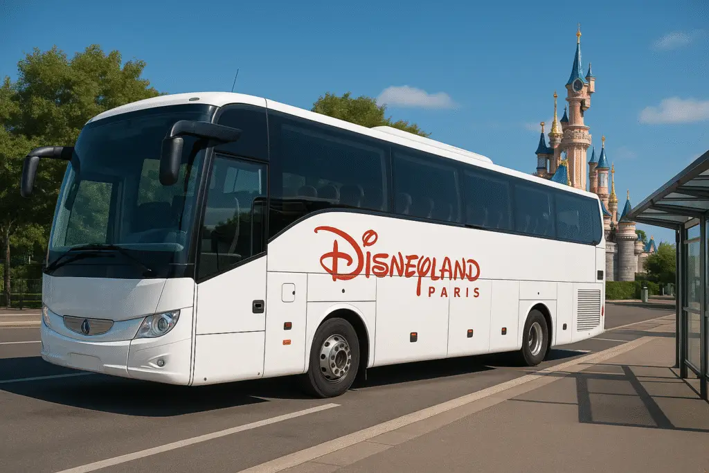 Navette Disneyland Paris blanche stationnée avec le château de la Belle au Bois Dormant en arrière-plan.