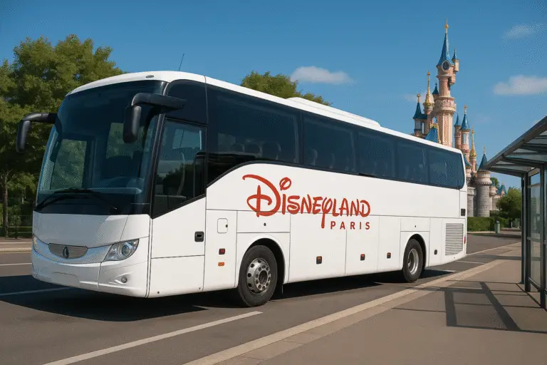 Navette Disneyland Paris blanche stationnée avec le château de la Belle au Bois Dormant en arrière-plan.