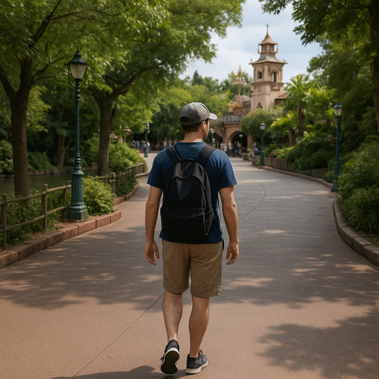 Visiteur marchant seul dans une zone ombragée de Disneyland Paris, loin de la foule