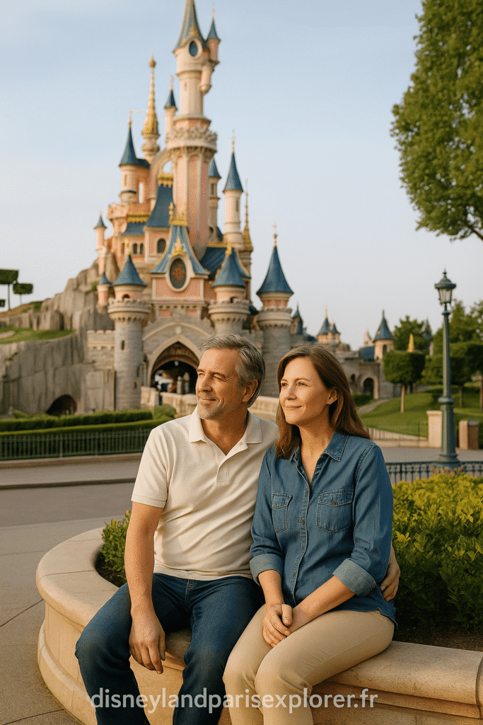 Un couple assis sur un banc à l’ombre dans une zone calme de Disneyland Paris, profitant d’un moment de repos