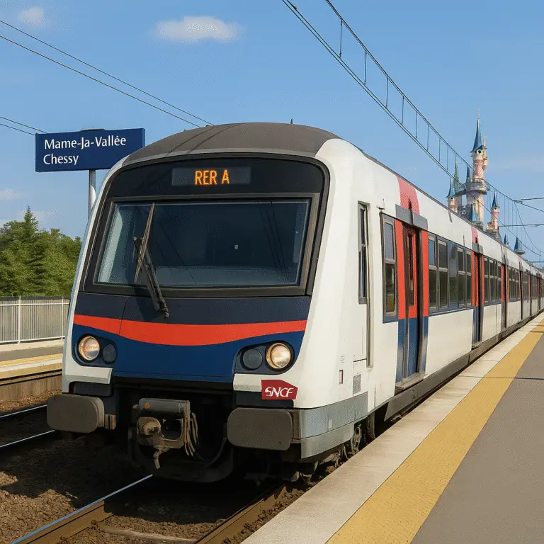 RER A à quai à Marne-la-Vallée Chessy avec le château de Disneyland Paris visible en arrière-plan.