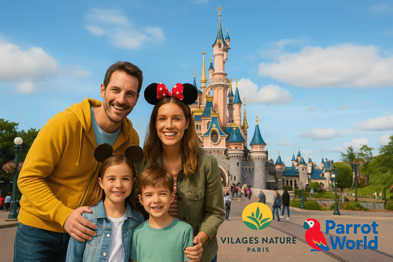 Famille souriante découvrant Disneyland Paris, Villages Nature et Parrot World en 4 jours