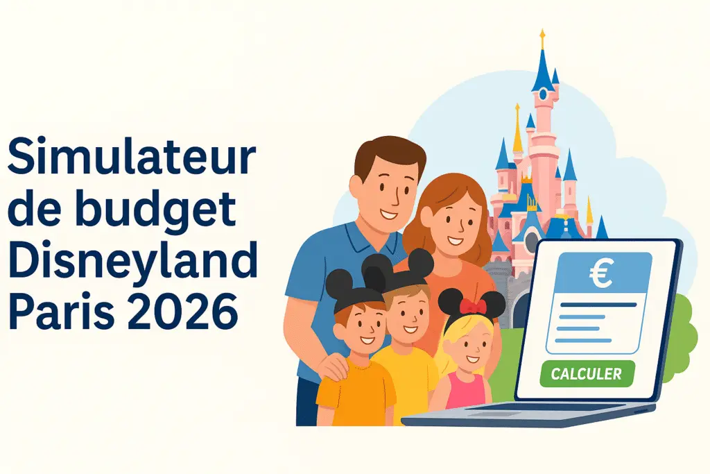 Illustration du simulateur de budget Disneyland Paris 2026, montrant une famille devant le château et un ordinateur affichant l’outil de calcul.
