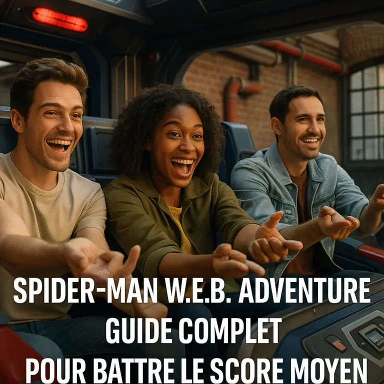 Visiteurs tirant des toiles dans l’attraction Spider-Man W.E.B. Adventure à Disneyland Paris, avec le titre Spider-Man W.E.B. Adventure : guide complet pour battre le score moyen en surimpression