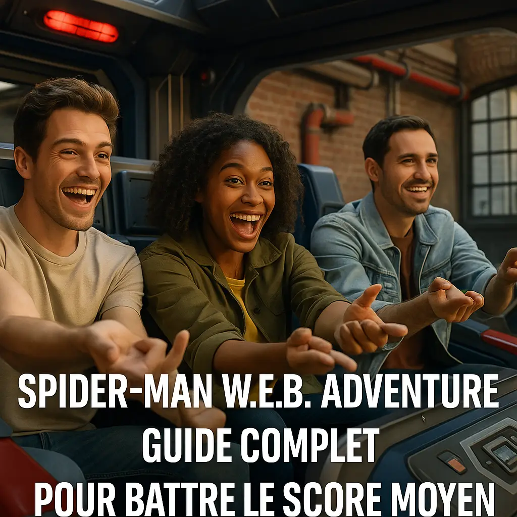 Visiteurs tirant des toiles dans l’attraction Spider-Man W.E.B. Adventure à Disneyland Paris, avec le titre Spider-Man W.E.B. Adventure : guide complet pour battre le score moyen en surimpression