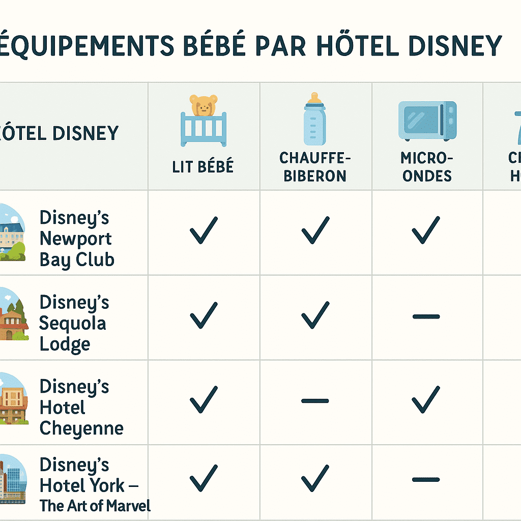 đ° Quels hĂŽtels Disney sont les mieux adaptĂ©s aux bĂ©bĂ©s ? đ¶âš tableau recapitlatif equipement hotel disney bebe