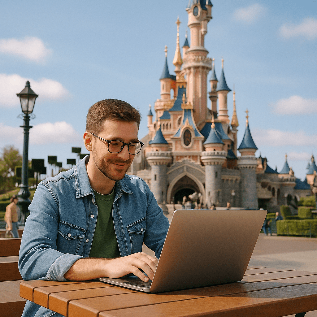 Jeune homme télétravaillant avec son ordinateur portable en terrasse dans l’enceinte de Disneyland Paris, avec vue sur les hôtels
