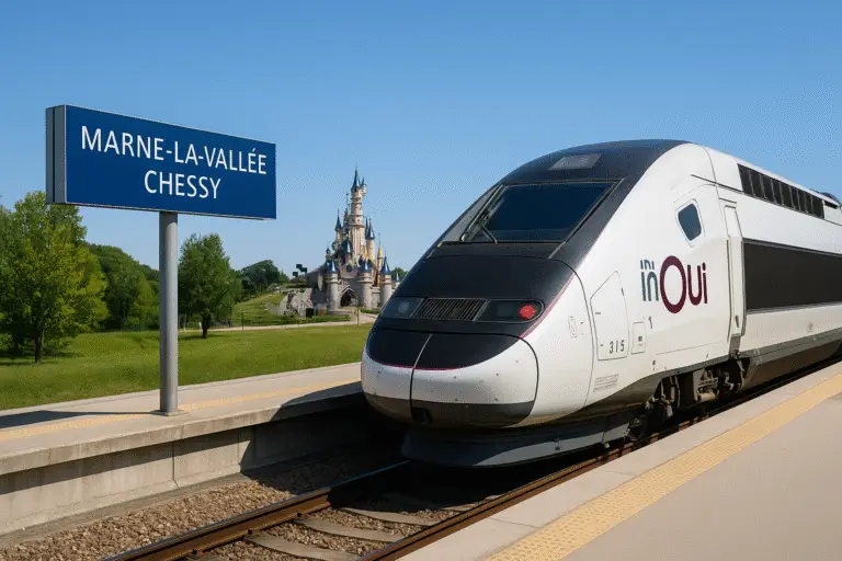 TGV inOui à la gare Marne-la-Vallée Chessy avec le château de Disneyland Paris visible au loin.