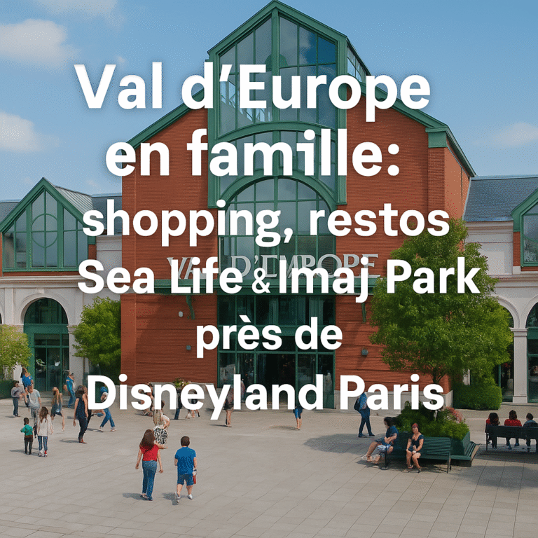 Illustration familiale de Val d’Europe près de Disneyland Paris : shopping, restaurants, aquarium Sea Life et activités enfants.
