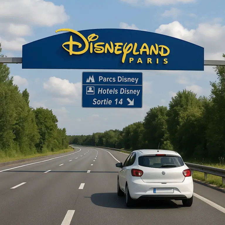 Voiture roulant sur l’autoroute A4 vers Disneyland Paris avec panneau de sortie 14 pour les parcs et hôtels.