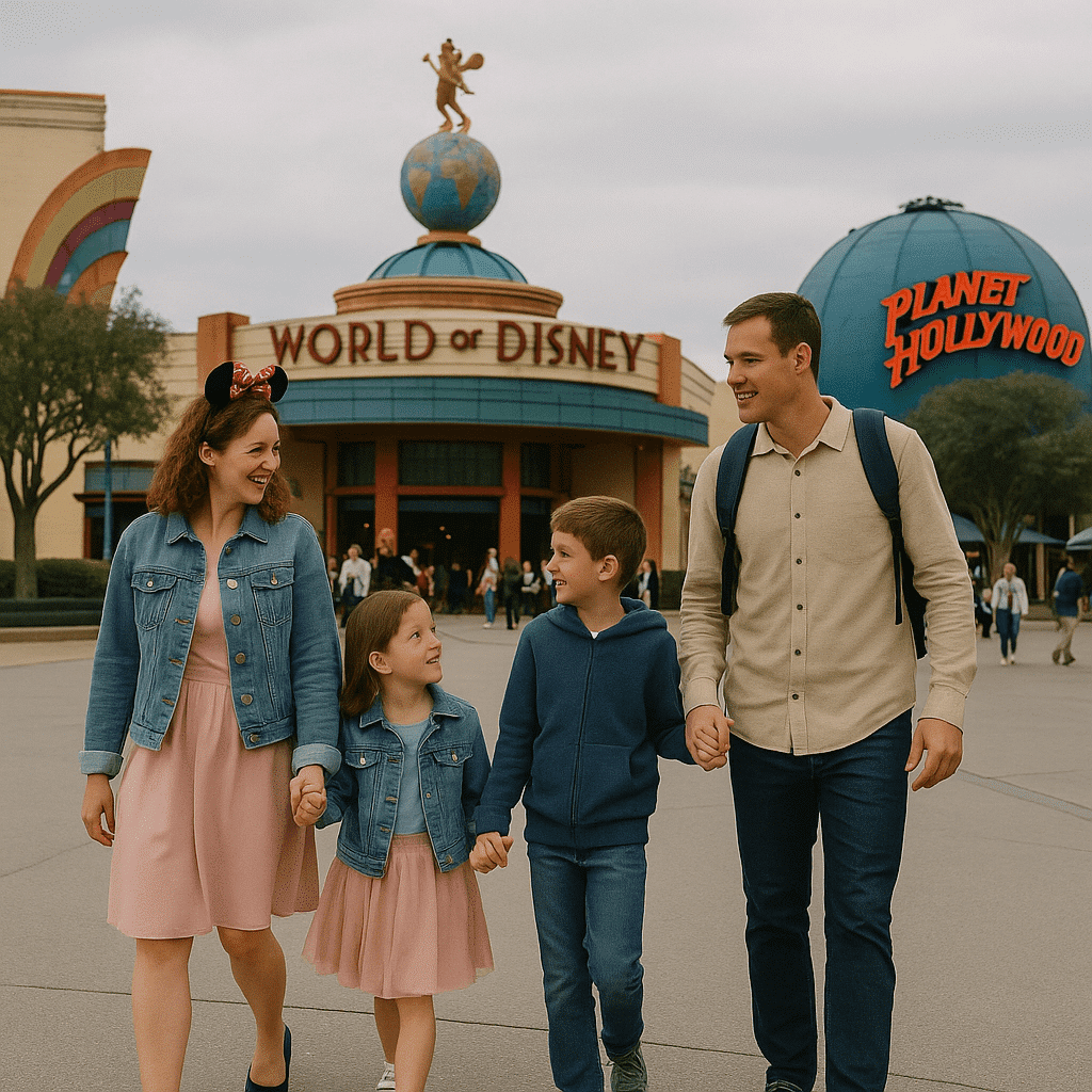 Famille marchant main dans la main à Disney Village devant World of Disney et Planet Hollywood, sans billet pour les parcs Disneyland Paris