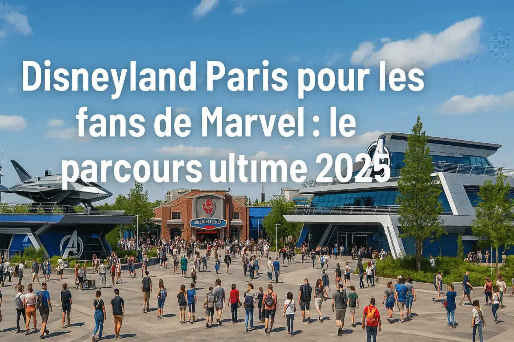 Vue panoramique immersive d’Avengers Campus à Disneyland Paris avec le texte Disneyland Paris pour les fans de Marvel : le parcours ultime 2025 en surimpression