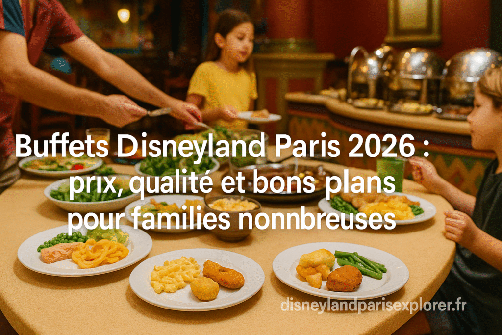 Buffets Disneyland Paris 2026 : prix, qualité et bons plans pour familles nombreuses Famille choisissant des plats variés dans un buffet de Disneyland Paris, avec texte “Buffets Disneyland Paris 2026 : prix, qualité et bons plans pour familles nombreuses” et filigrane disneylandparisexplorer.fr.
