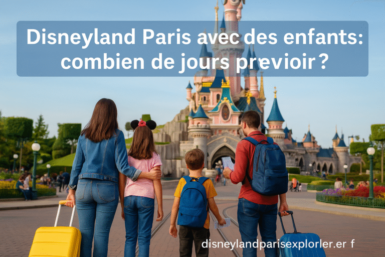 Famille avec valises et sacs à dos devant le château de Disneyland Paris, illustrant l’article “Disneyland Paris avec des enfants : combien de jours prévoir ?”