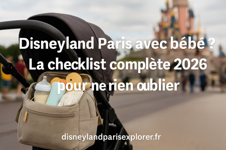 Poussette avec sac à langer rempli d’accessoires pour bébé devant le château de Disneyland Paris, avec texte “Disneyland Paris avec bébé ? La checklist complète 2026 pour ne rien oublier” et filigrane disneylandparisexplorer.fr.