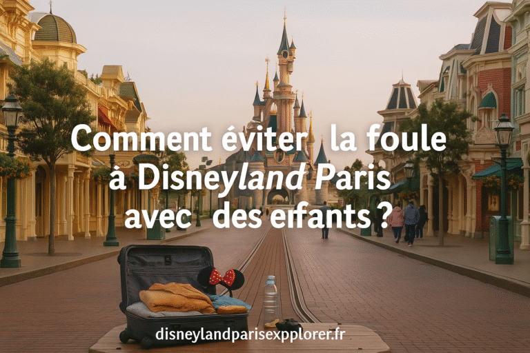 Main Street Disneyland Paris au lever du soleil avec peu de visiteurs, vue dégagée sur le château et texte “Comment éviter la foule à Disneyland Paris avec des enfants”, filigrane disneylandparisexplorer.fr.