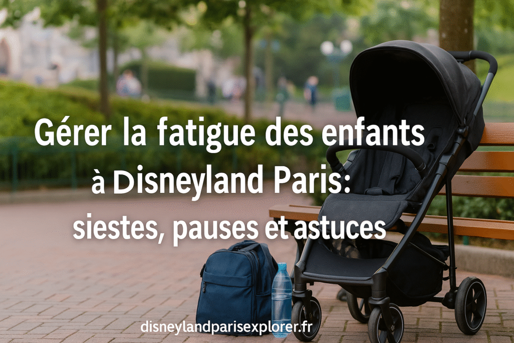 Espace calme avec bancs et poussette à Disneyland Paris, illustrant les pauses et siestes pour gérer la fatigue des enfants, avec texte et filigrane disneylandparisexplorer.fr.