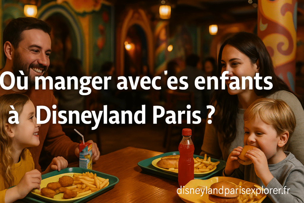 manger eFamille souriante partageant un repas dans un restaurant thématisé de Disneyland Paris, avec menus enfants et texte “Où manger avec des enfants à Disneyland Paris ?