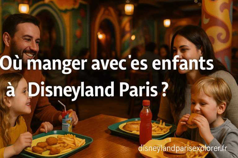 manger eFamille souriante partageant un repas dans un restaurant thématisé de Disneyland Paris, avec menus enfants et texte “Où manger avec des enfants à Disneyland Paris ?