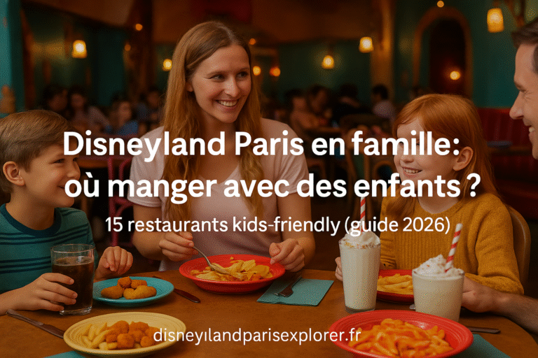 Famille souriante partageant un repas dans un restaurant convivial à Disneyland Paris, avec texte “Disneyland Paris en famille : où manger avec des enfants ? 15 restaurants kids-friendly (guide 2026)”
