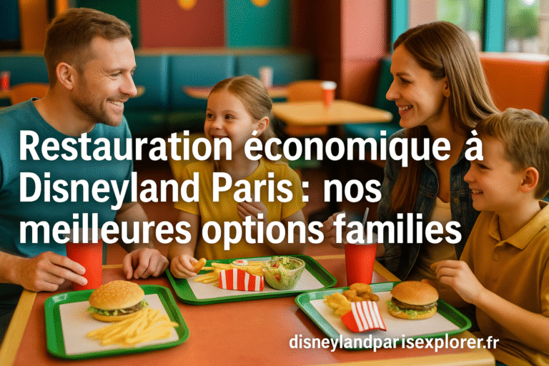 Famille souriante mangeant dans un restaurant type fast-food à Disneyland Paris, avec plateaux repas économiques et texte “Restauration économique à Disneyland Paris : nos meilleures options familles”