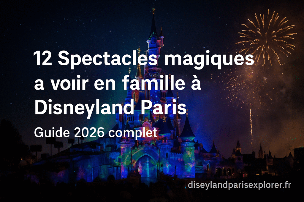 Château de Disneyland Paris illuminé par des projections et feux d’artifice, avec texte “12 Spectacles magiques à voir en famille à Disneyland Paris — Guide 2026 complet”
