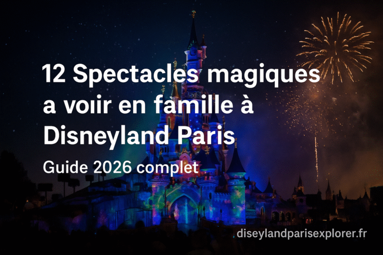 Château de Disneyland Paris illuminé par des projections et feux d’artifice, avec texte “12 Spectacles magiques à voir en famille à Disneyland Paris — Guide 2026 complet”