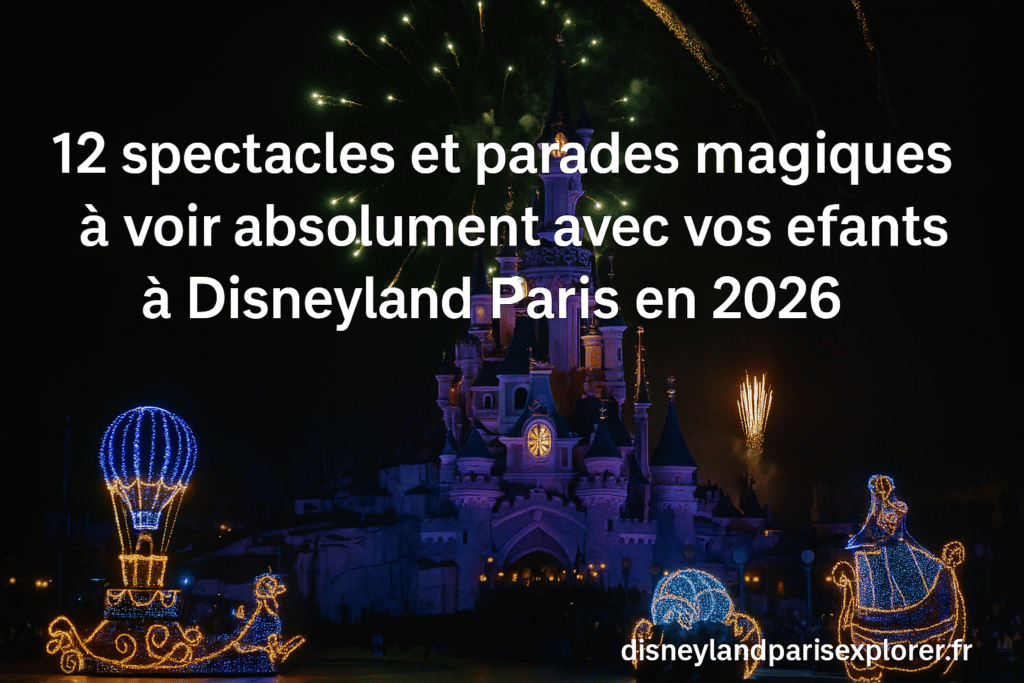 Château de Disneyland Paris illuminé pendant un spectacle nocturne avec chars et feux d’artifice, accompagné du texte “12 spectacles et parades magiques à voir absolument avec vos enfants à Disneyland Paris en 2026” et du filigrane disneylandparisexplorer.fr