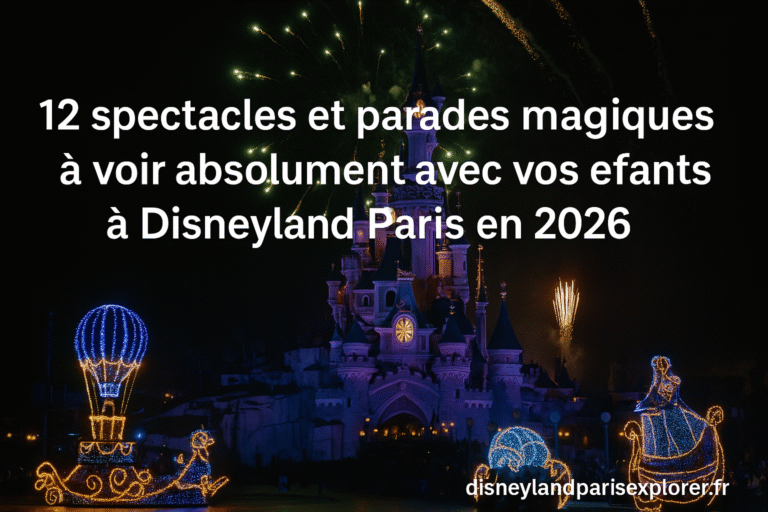 Château de Disneyland Paris illuminé pendant un spectacle nocturne avec chars et feux d’artifice, accompagné du texte “12 spectacles et parades magiques à voir absolument avec vos enfants à Disneyland Paris en 2026” et du filigrane disneylandparisexplorer.fr