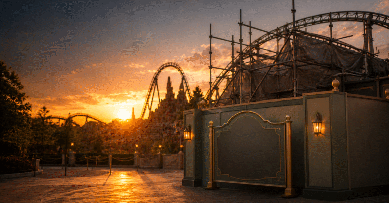 Travaux et échafaudages devant une montagne russe dans un parc d’attractions
