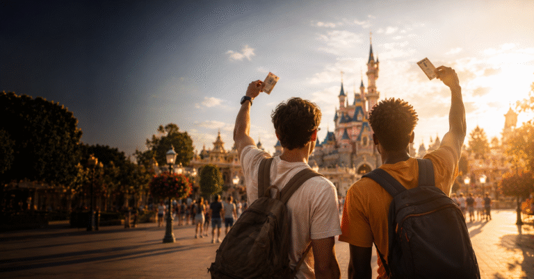 Deux amis de dos brandissant leurs billets d’entrée devant un parc d’attractions en été