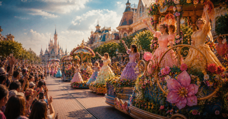 Parade féerique avec chars fleuris et danseuses en robes de princesses dans un parc d’attractions