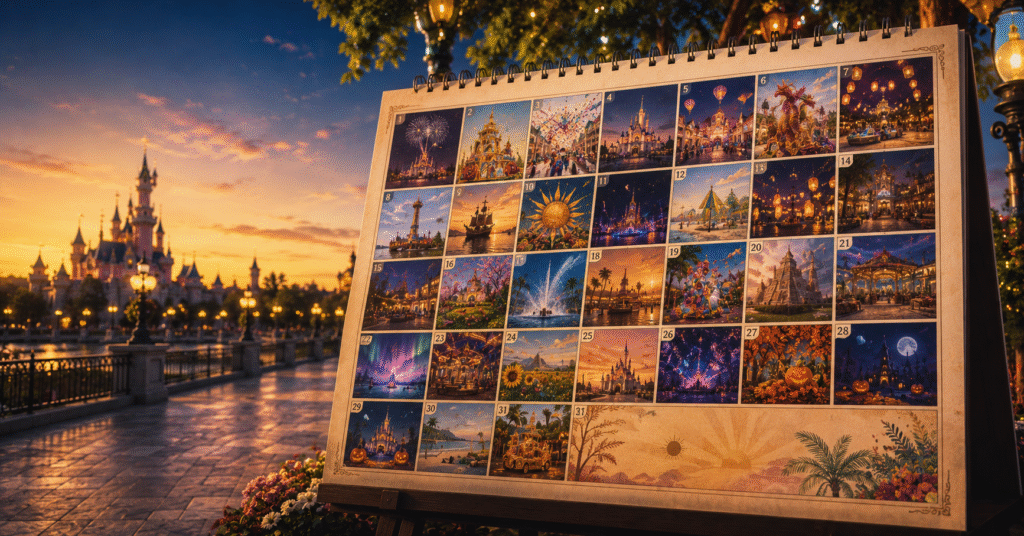 Calendrier estival illustrant les festivités et événements d’un parc d’attractions