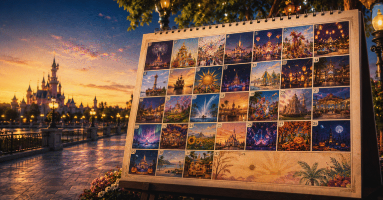 Calendrier estival illustrant les festivités et événements d’un parc d’attractions