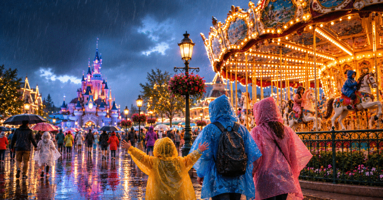 Visiteurs en ponchos colorés dans un parc d’attractions sous la pluie devant un carrousel illuminé