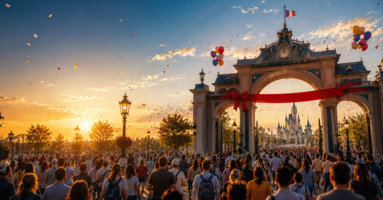Foule de visiteurs franchissant les portes d’un nouveau parc d’attractions lors de son inauguration
