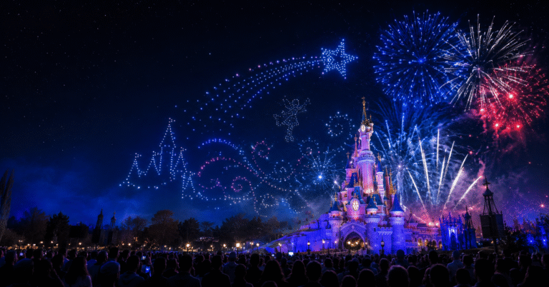 Spectacle nocturne de drones et feux d’artifice tricolores au-dessus d’un château féerique